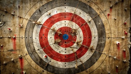 Naklejka premium Aged, worn, and weathered bullseye logo with bullet holes, torn edges, and frayed strings on a distressed, grimy urban background.
