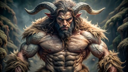 A detailed, up-close shot of a mythical satyr's hairy legs, complete with curly fur, culminating in sharp, cloven goat hooves.