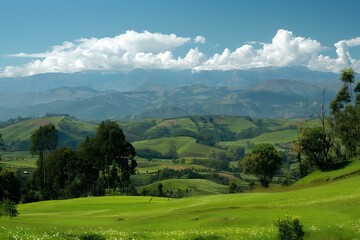 Fototapeta premium Green Mountains and Blue Sky Landscape Photography