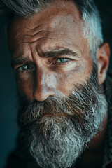 Close-up portrait of an older man with a gray beard and intense blue eyes, showcasing wisdom and experience