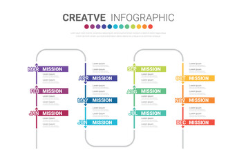 Timeline for 1 year, calendar, 12 months, Presentation business 4 quarter, Infographic Timeline can be used for workflow, process diagram, flow chart.