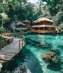 Obraz premium Wooden walkway over a turquoise lake in a tropical forest
