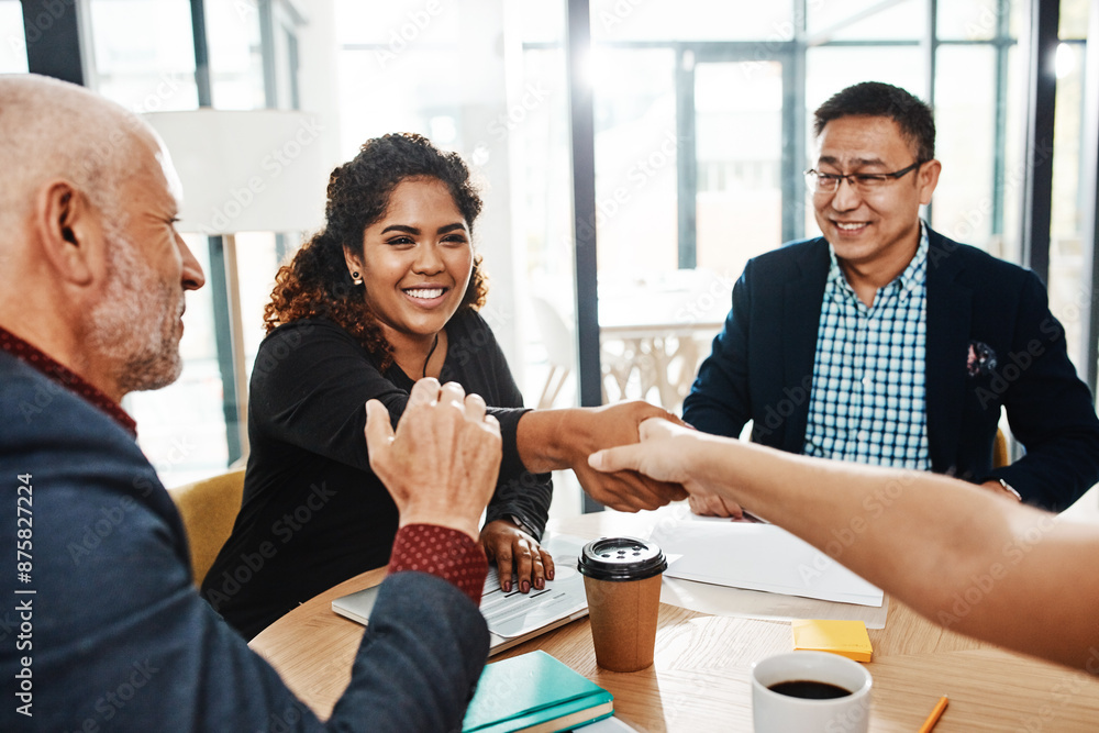 Poster Business people, happy woman or shaking hands in agreement for funding, meeting or partnership. Collaboration, investor or investment banker greeting manager for financial advice or negotiation deal