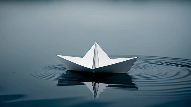 single paper boat floating in a puddle, white paper, blue water, gray sky, smooth paper texture, rippling water, triangular boat, sharp edges, vertical folds, horizontal water ripples