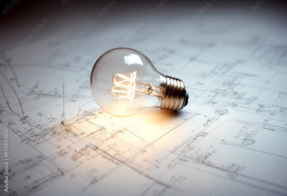 Poster bulb olated architect light blueprint design drawing blue vignetting background plan engineering con