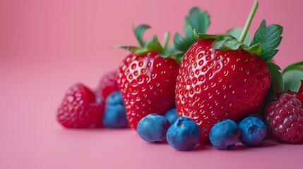 Obraz premium Scrumptious and colorful fresh strawberries, blueberries, and raspberries on a pink background