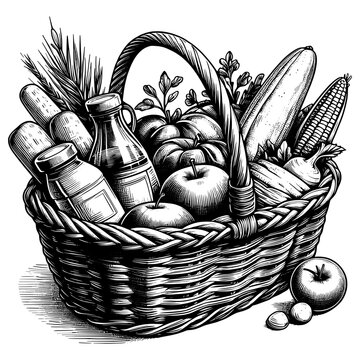 recommend clip art: Vintage ink sketch basket foods vector line art black hand drawn, illustration background