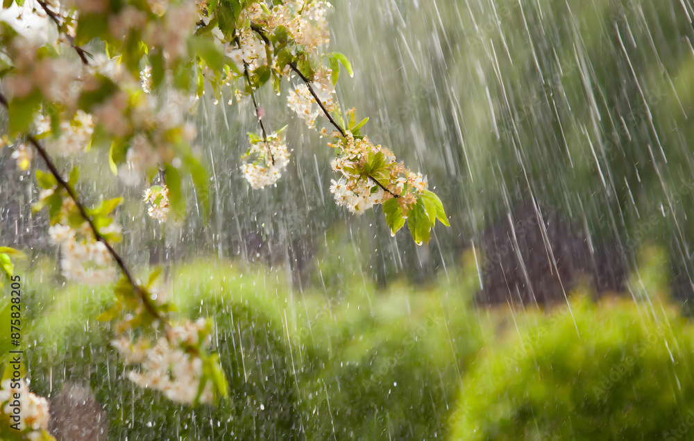 Poster flowering tree in a refreshing rain shower in summertime on blurred nature background. generative ai