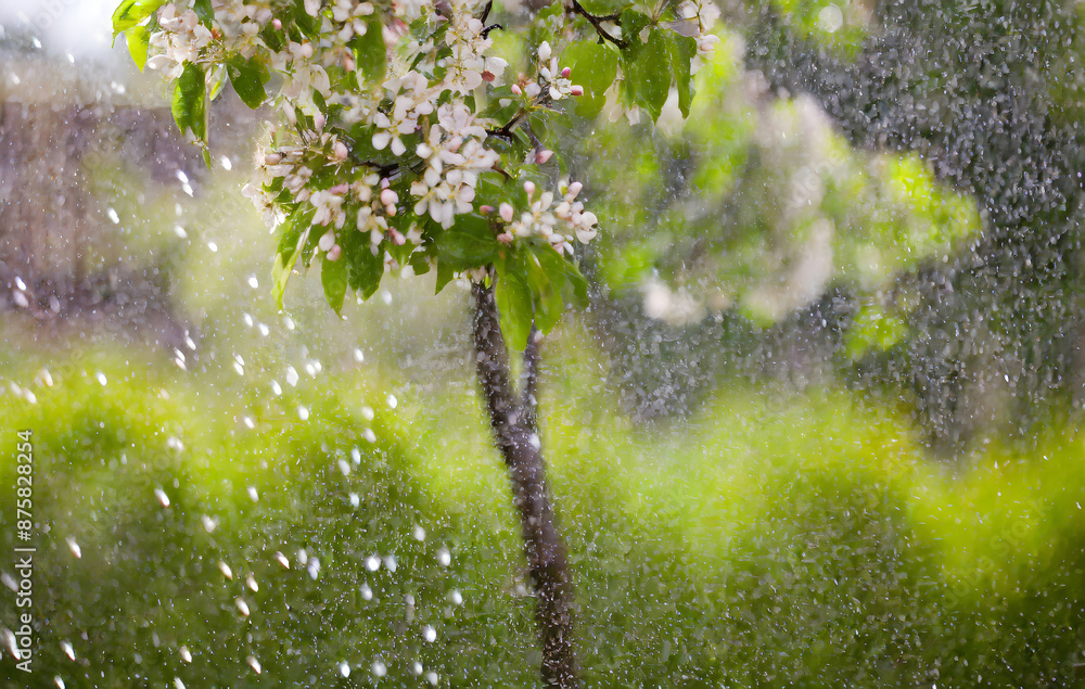 Poster flowering tree in a refreshing rain shower in summertime on blurred nature background. generative ai