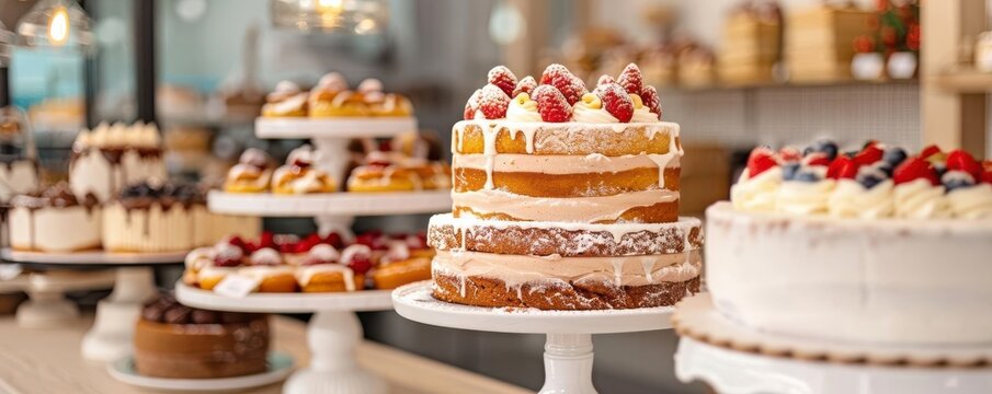 Bright and airy bakery counter with an assortment of layered cakes and , festive atmosphere