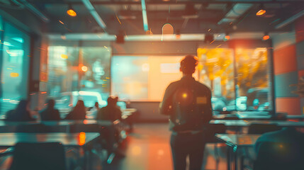 Business Workshops: An American business trainer conducting a workshop on project management with engaging infographics and interactive tools