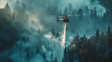 Naklejka premium A firefighting chopper drops water on a forest fire using a bucket