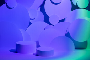 Abstract scene for presentation cosmetic products mockup - two round podiums in gradient blue violet turquoise glowing light, circles flying, decor. Template for showing in neon hipster style.