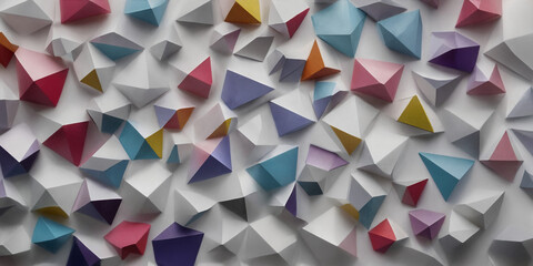 Obraz premium Buntes geometrisches Muster aus kleinen, facettierten Pyramiden in verschiedenen Farben wie Blau, Rot, Gelb und Violett, die eine harmonische dreidimensionale Komposition darstellen