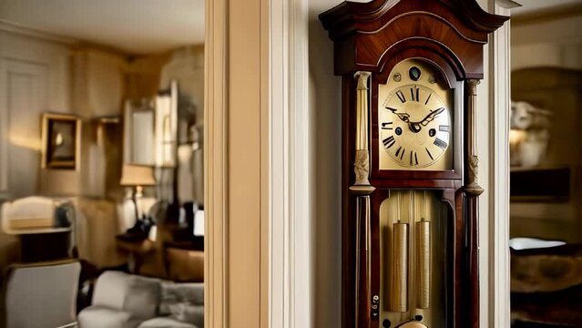 A majestic grandfather clock with a polished wooden case and ornate brass pendulum, standing in the corner of a stately living room
