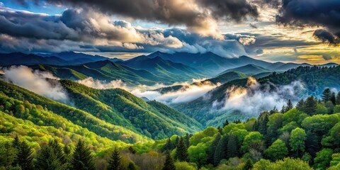 Majestic view of smoky mountains with clouds covering the peaks, perfect for adventure and exploration, mountains