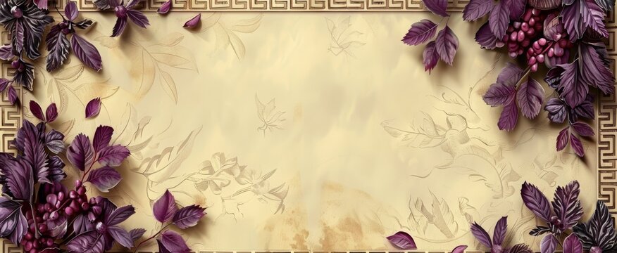 Simple Greek ornament frame card design with purple accent.