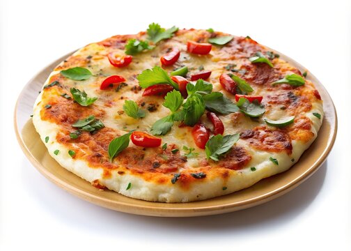 indian food uttapam melted cheese tomato slices green herbs isolated on white background