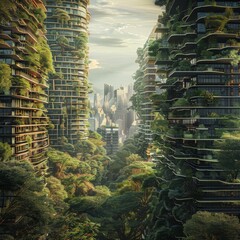 Obraz premium Environmental Awareness City with Vertical Forest Drawing Imitation, Abstract Generative AI Illustration