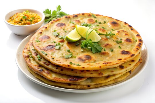 indian food aloo paratha golden brown garnished with parsley lime slices isolated on white background