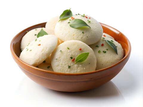 indian food steamed idli with green herbs red spices isolated on white background
