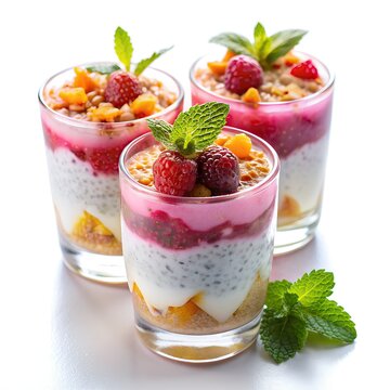 indian falooda dessert three glasses layered chia pudding fruit yogurt garnished with mint leaves berries delightful isolated on white background