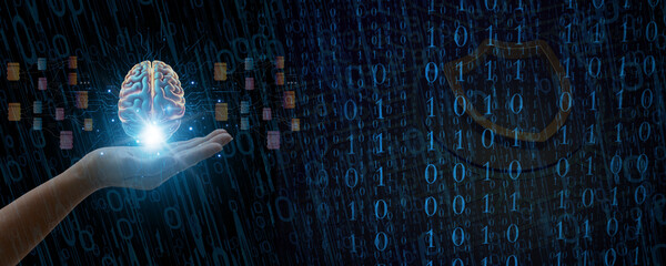 Human Hand Holding Virtual Brain: Exploring the Concept of AI Technology and Digital Intelligence, Showcasing Advanced Technological Innovations and Future Trends