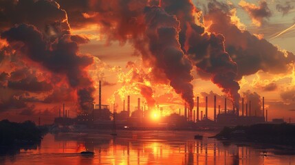 Sunset over an Industrial Cityscape with Billowing Smoke and a River in the Foreground