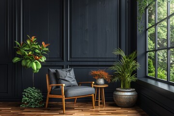 Meticulously crafted 3D mockup frame accents retro black living room interior, creating vintage charm.
