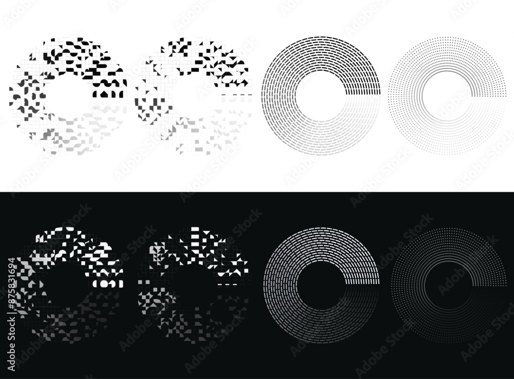 Poster round geometric spiral waves in form of dots and lines. set of glowing circular dynamic rhythms.