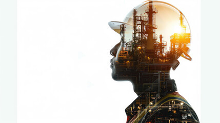 Portrait of a construction worker man with safety helmet letting see city buildings under construction. Transparent background or PNG file.