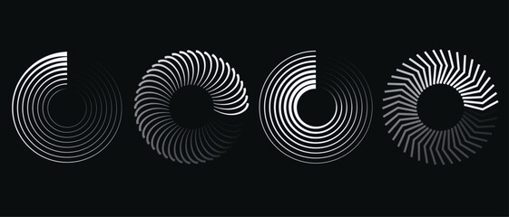 Round geometric spiral waves. Set of glowing circular lines on dark background.