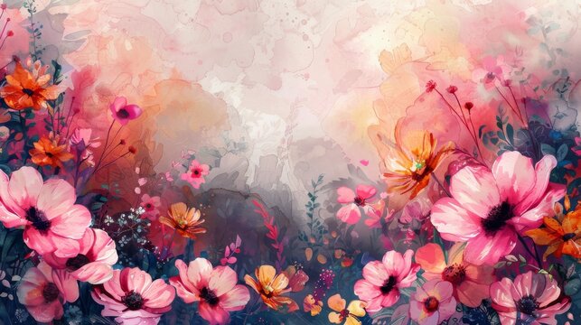 Watercolor Floral Garden with Pink and Yellow Flowers