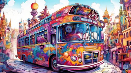 Obraz premium Psychedelic cartoon scene with a vibrant bus, Psychedelic, Vivid colors, Watercolor, Surreal city commutewhite background,