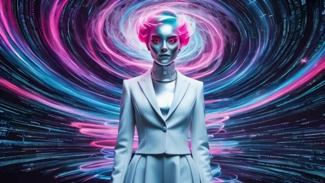 Futuristic Fashion Model with Pink Hair and White Blazer Against a Swirling Light Background