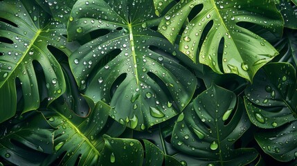 Close-up of lush green monstera leaves with raindrops for a tropical botanical background