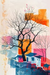Abstract Winter Landscape with Colorful Houses and Bare Tree