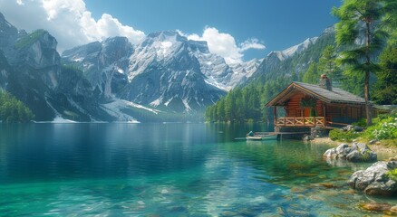 Fototapeta premium Serene Lake Braies landscape captured in stunning detail.