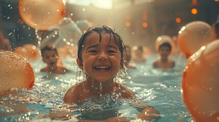 Joyful children playing in a pool surrounded by colorful balloons