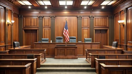 Empty court room with wooden benches, judge's seat, and flag , courtroom, interior, legal, empty, law, justice