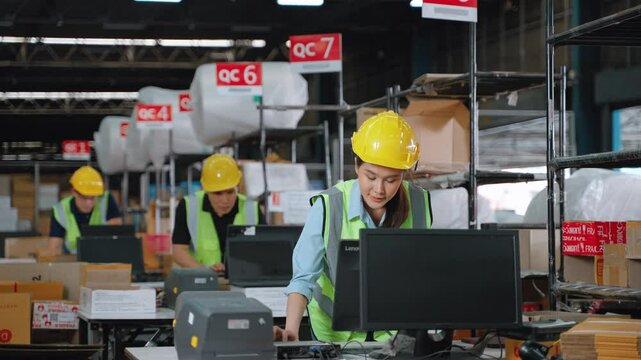 Asian warehouse worker in distribution center in packing point confidently standing with arms crossed, teamwork, warehouse, distribution, logistics