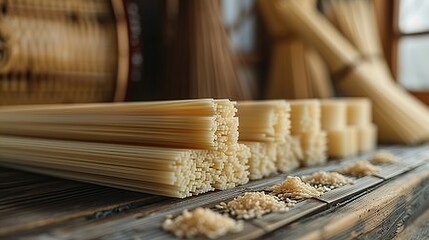 Noodles and Grains on Wooden Table