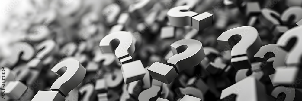 Poster 3d rendering of a black and white background with question marks. a close-up of multiple question ma