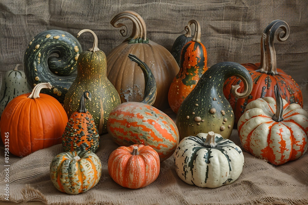 Fototapete collection of assorted pumpkins and gourds in various shapes and colors arranged on burlap cloth.