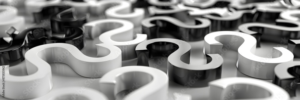 Poster 3d rendering of a black and white background with question marks. a close-up of multiple question ma