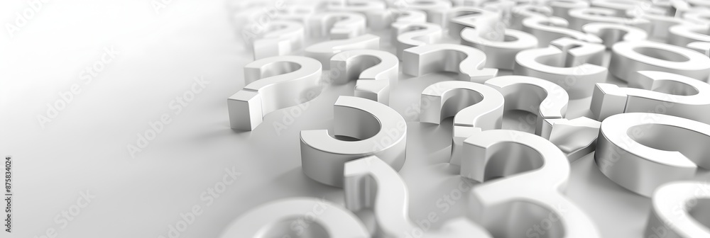 Fototapete A large number of question marks arranged in an abstract pattern on a white background, in a 3D rendering with shallow depth of field and focus on the foreground text space. The use of bright silver l