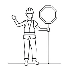 a female road worker holding a stop sign, line art vector illustration isolated on a white background