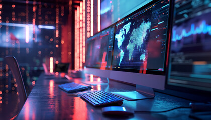 High-tech control room with multiple screens displaying data and maps, creating a futuristic and advanced technological environment