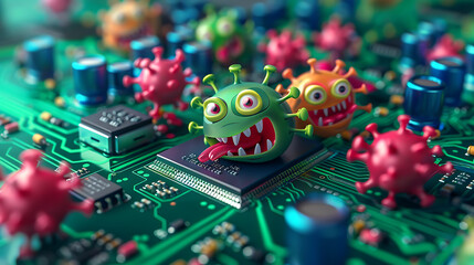 Obraz premium Virus attack on the computer circuit board. 3d illustration.