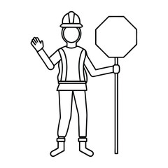 Obraz premium a female road worker holding a stop sign, line art vector illustration isolated on a white background